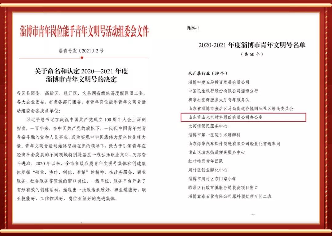 公司辦公室被評為“淄博市青年文明號”